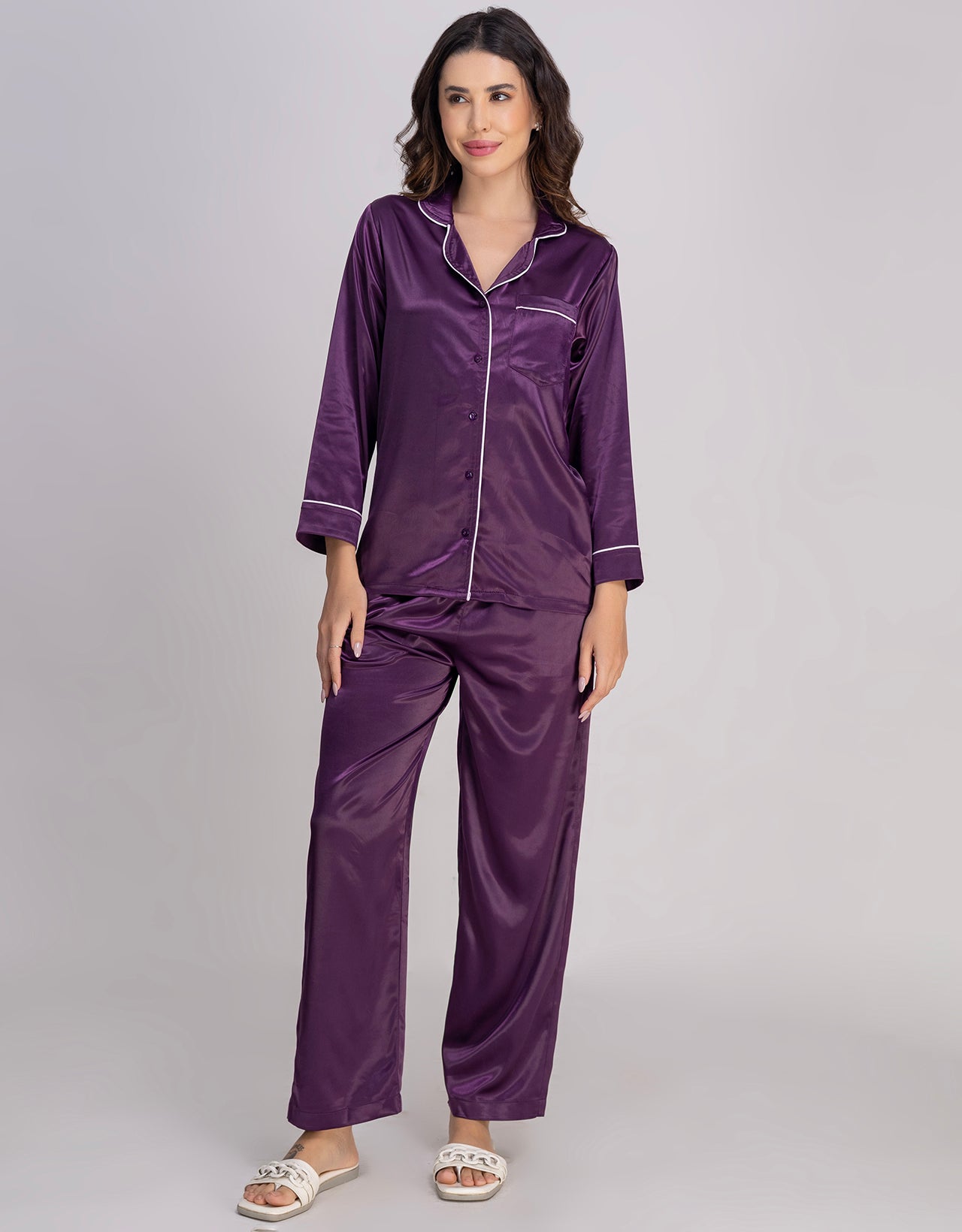 Moomaya Luxurious Poly Satin Pajama & Button-Down Shirt Sleepwear