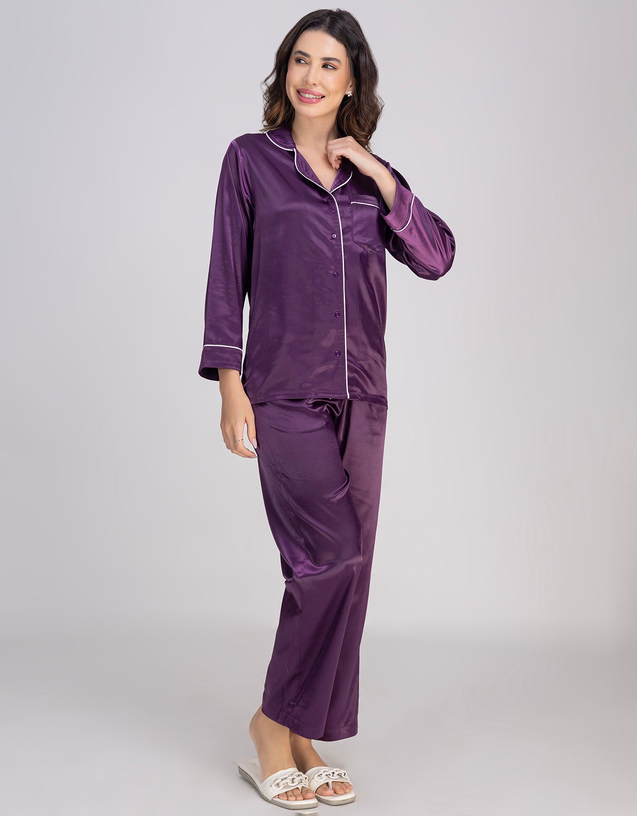 Moomaya Luxurious Poly Satin Pajama & Button-Down Shirt Sleepwear