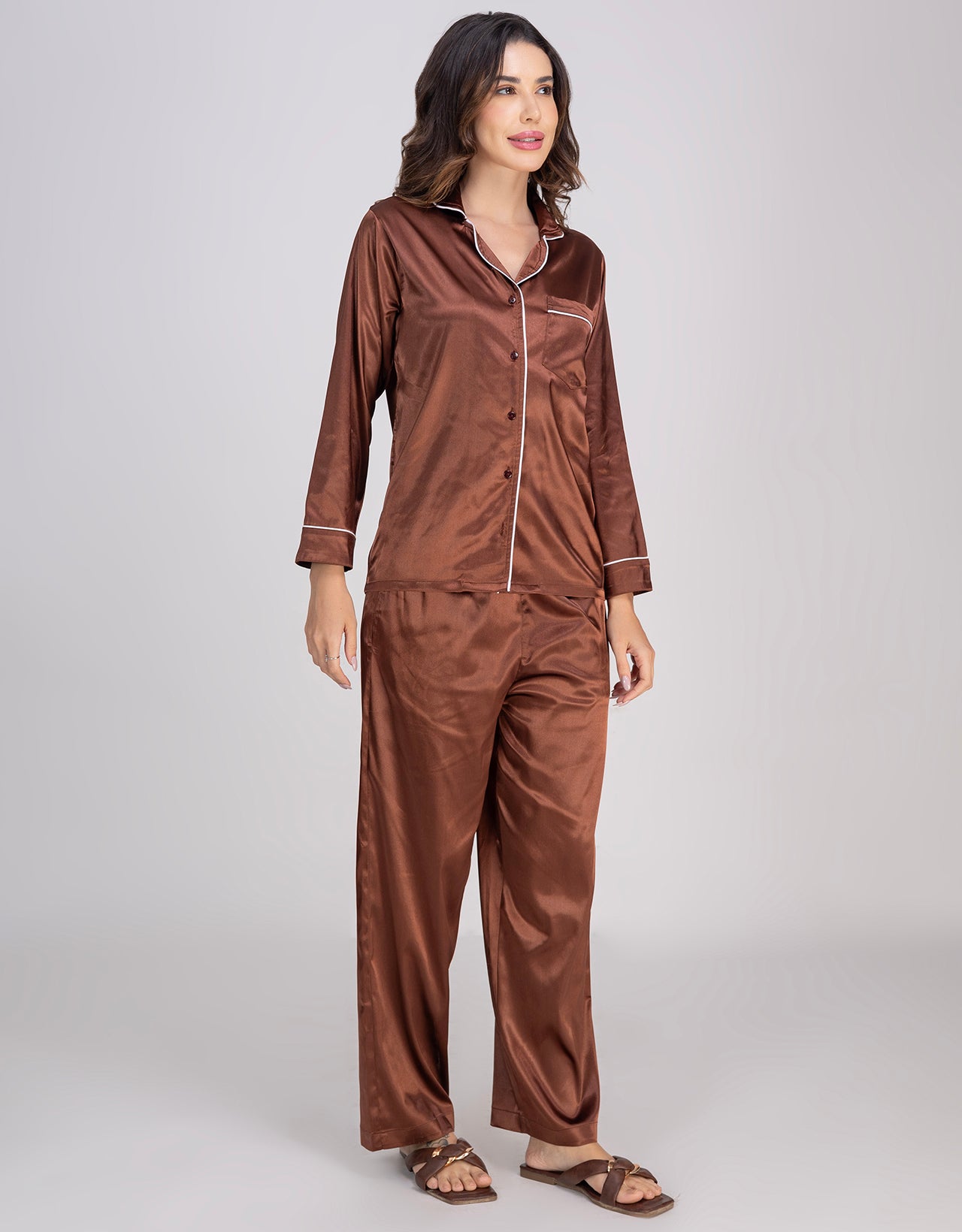 Moomaya Luxurious Poly Satin Pajama & Button-Down Shirt Sleepwear