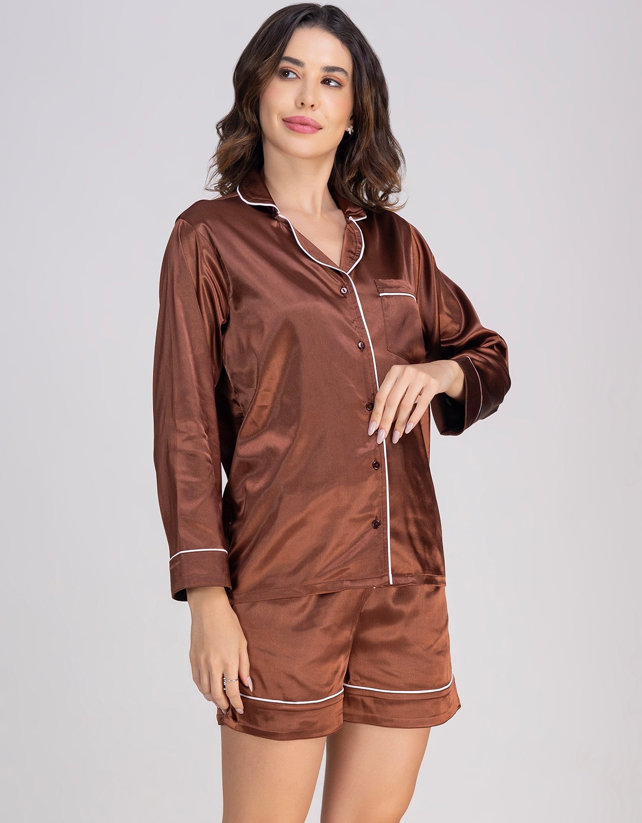 Moomaya Women's Satin Button-Down Shirt & Shorts Nightwear Set