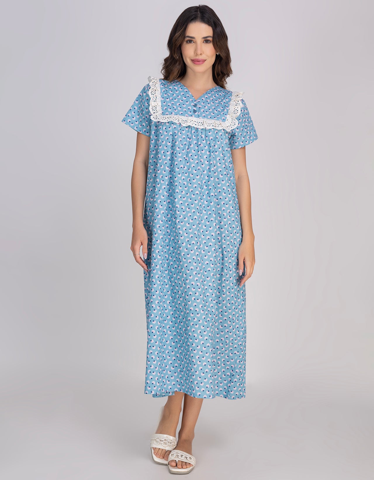 Moomaya Women's V-Neck Frill Lace Mid-Calf Cotton Nightdress