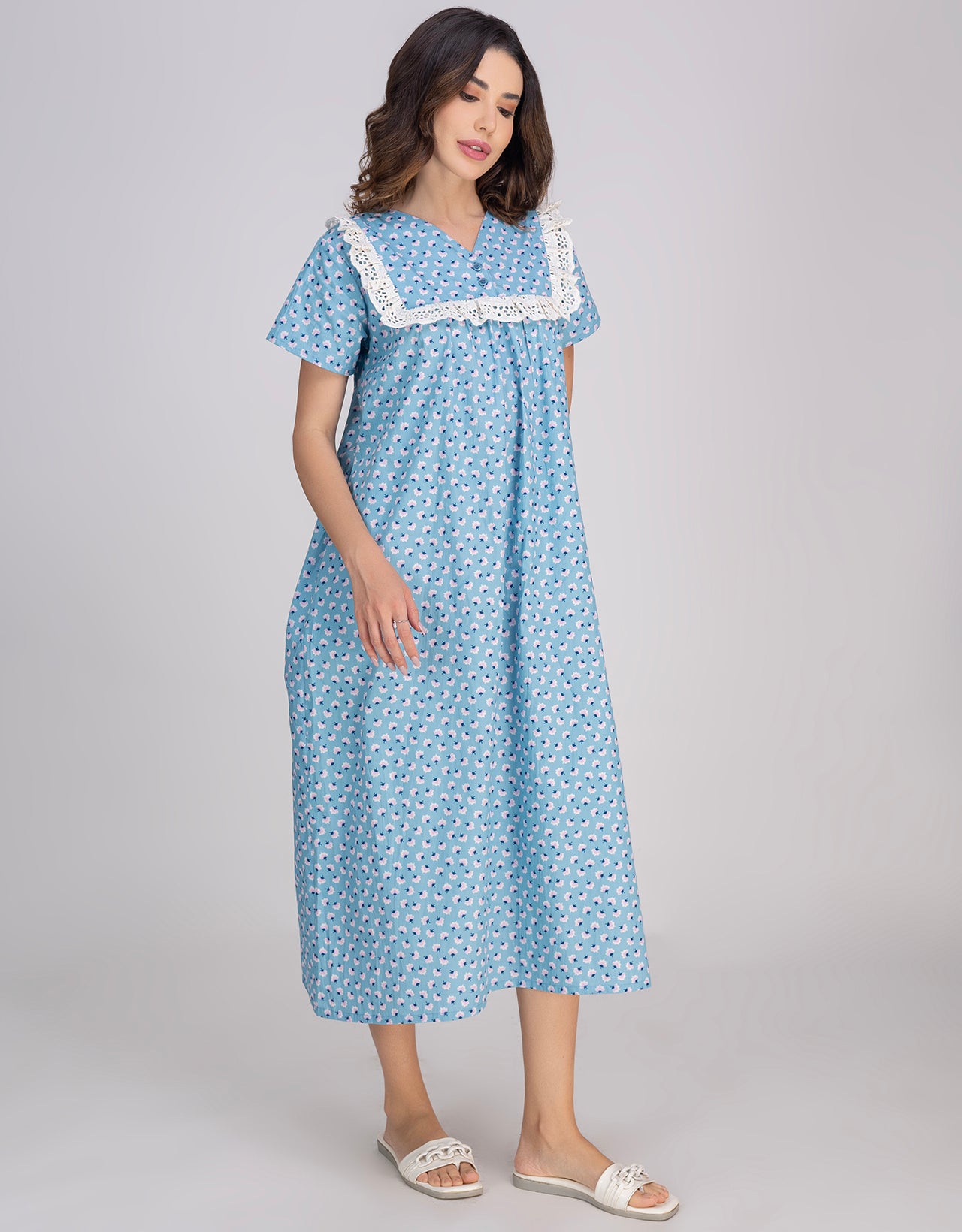 Moomaya Women's V-Neck Frill Lace Mid-Calf Cotton Nightdress