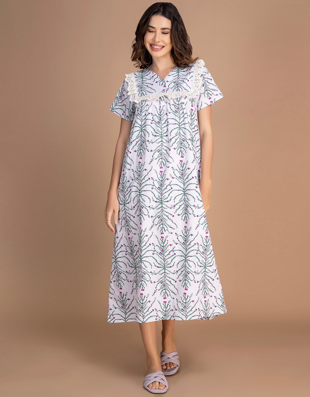 Moomaya Women's V-Neck Frill Lace Mid-Calf Cotton Nightdress