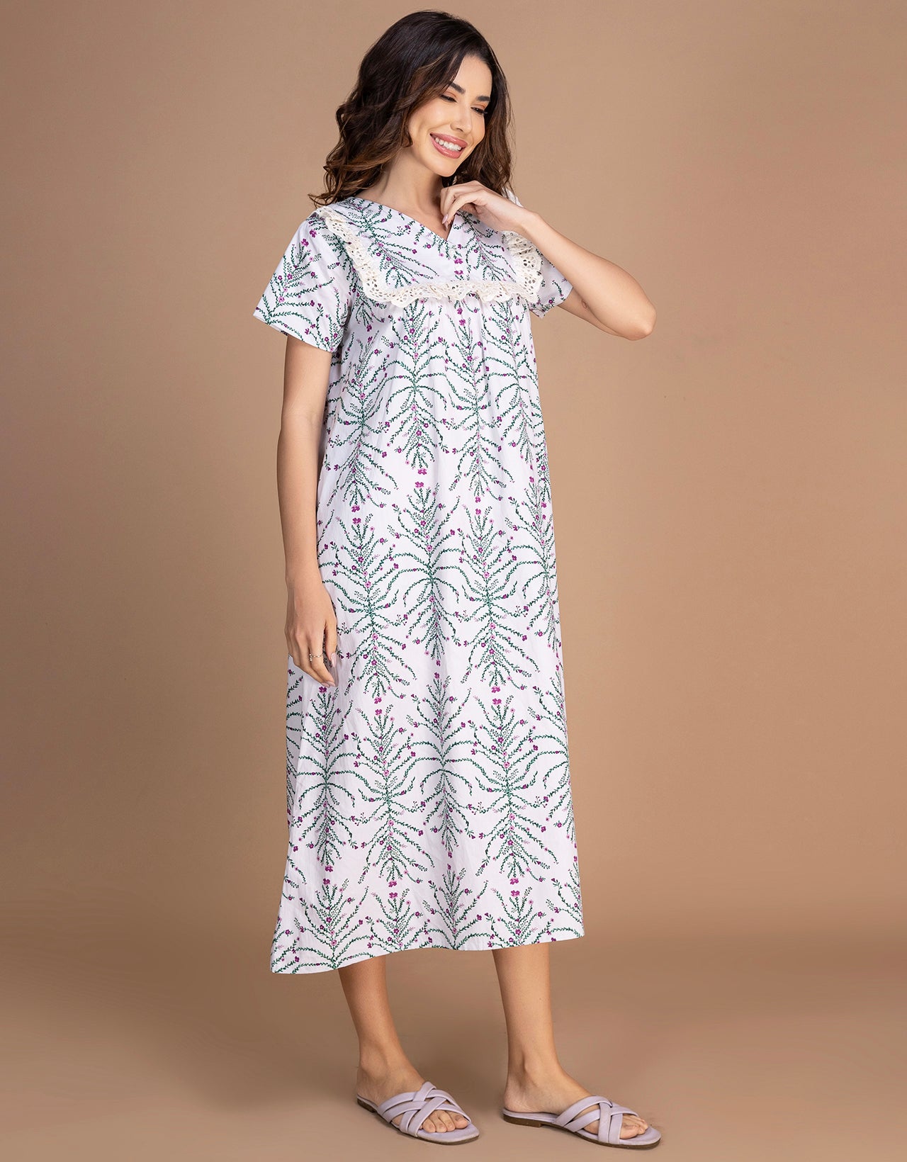 Moomaya Women's V-Neck Frill Lace Mid-Calf Cotton Nightdress