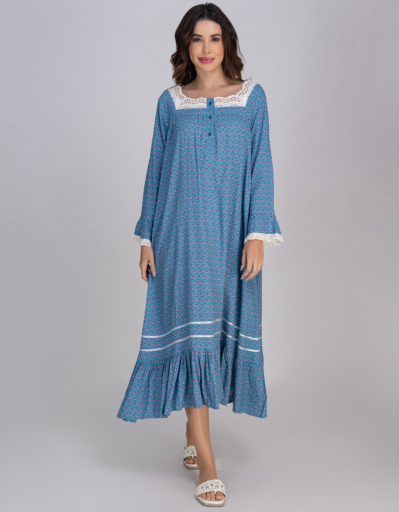 Moomaya Women's Rayon Printed Mid-Calf Nightdress With Lace & Frills