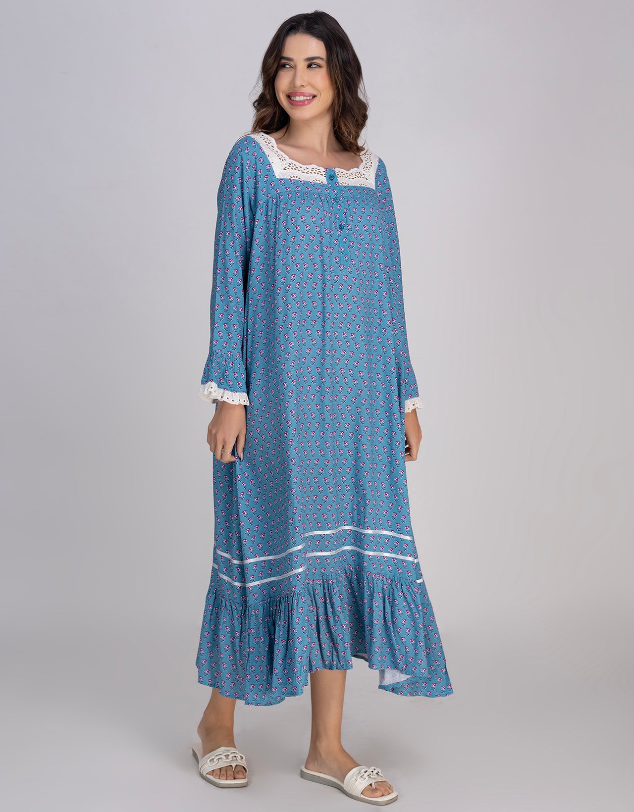 Moomaya Women's Rayon Printed Mid-Calf Nightdress With Lace & Frills