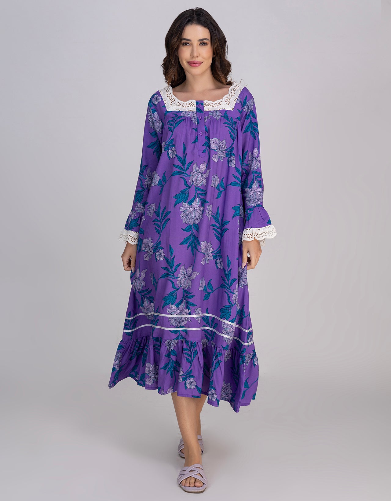 Moomaya Women's Rayon Printed Mid-Calf Nightdress With Lace & Frills