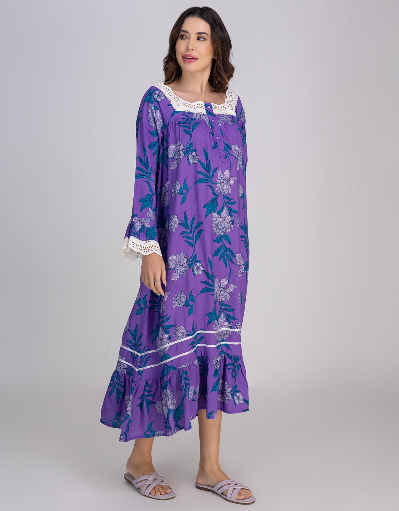 Moomaya Women's Rayon Printed Mid-Calf Nightdress With Lace & Frills