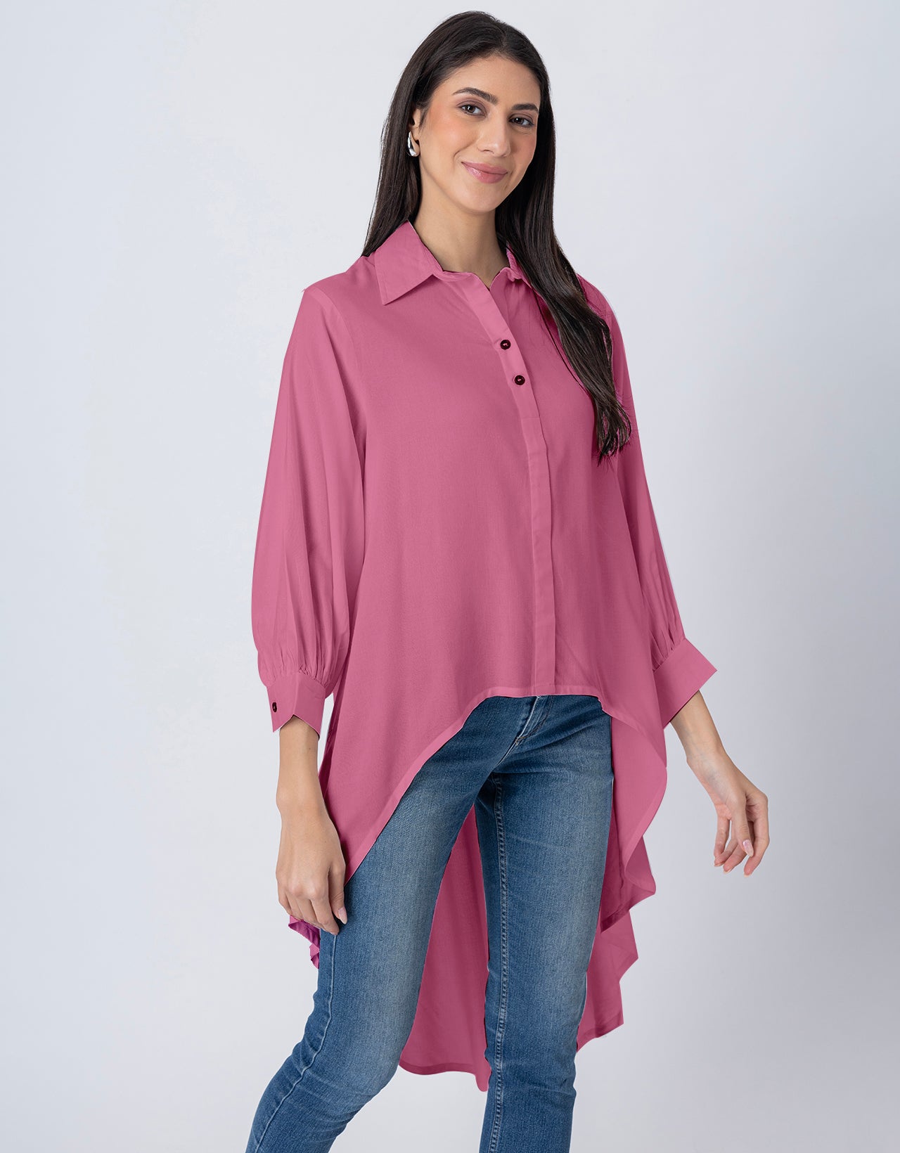 Asymmetrical Long Shirt Top,Classic Collar Casual Top