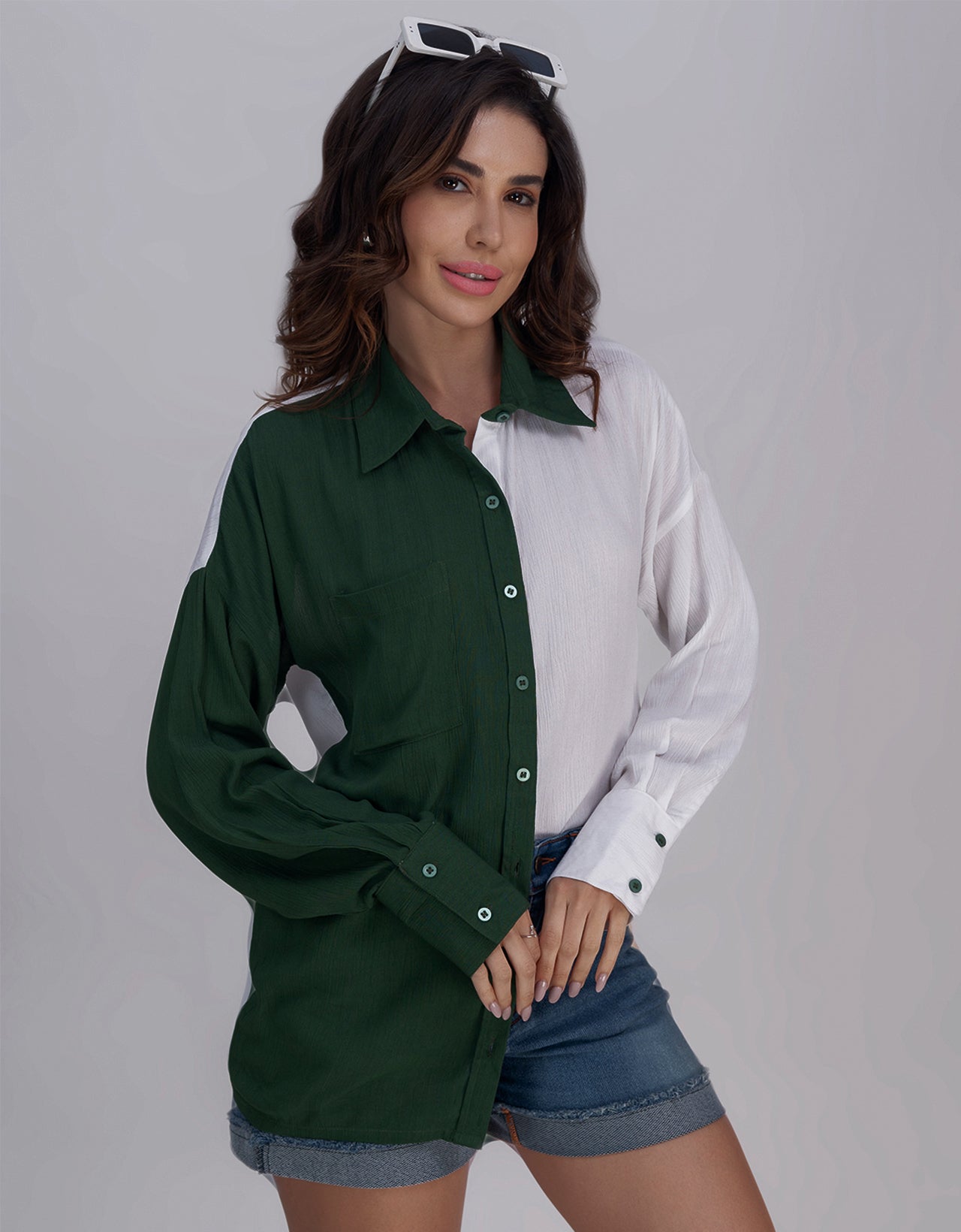 Moomaya Women's Crinkle Rayon Button-Down Shirt With Classic Collar