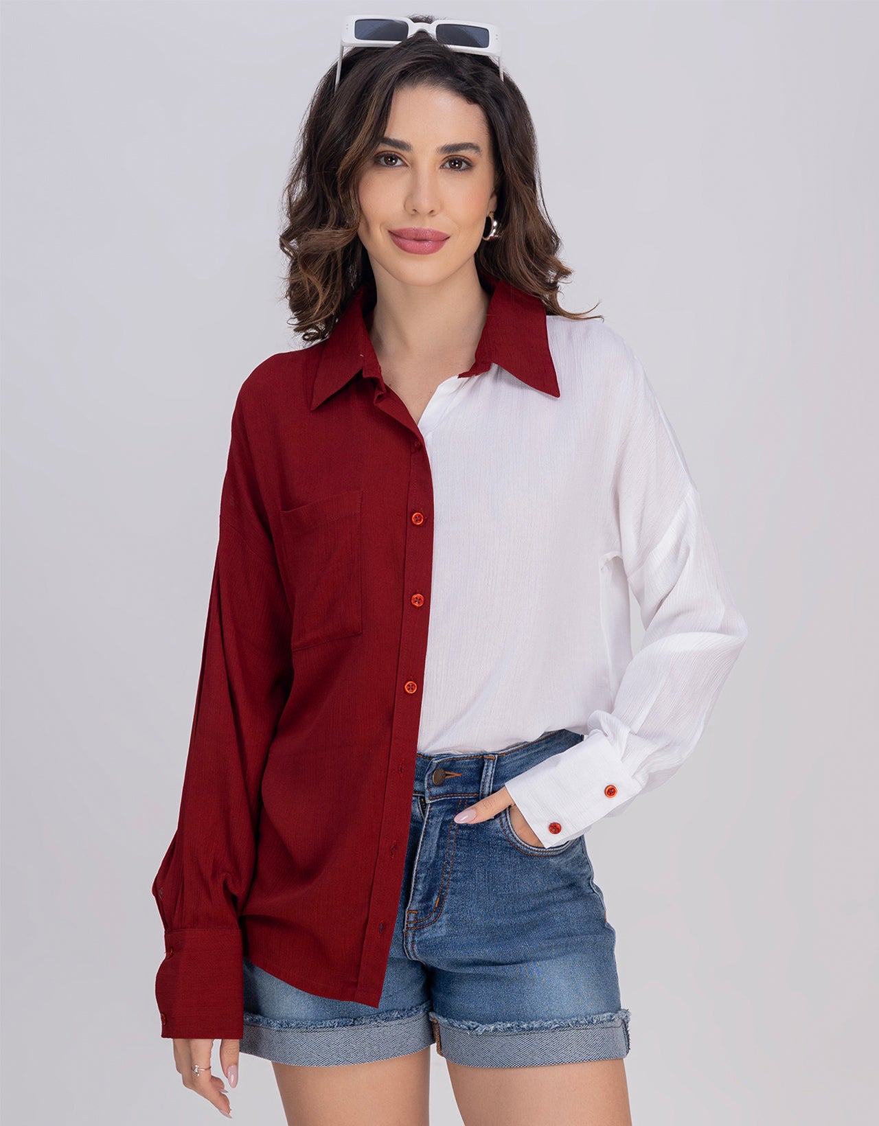 Moomaya Women's Crinkle Rayon Button-Down Shirt With Classic Collar