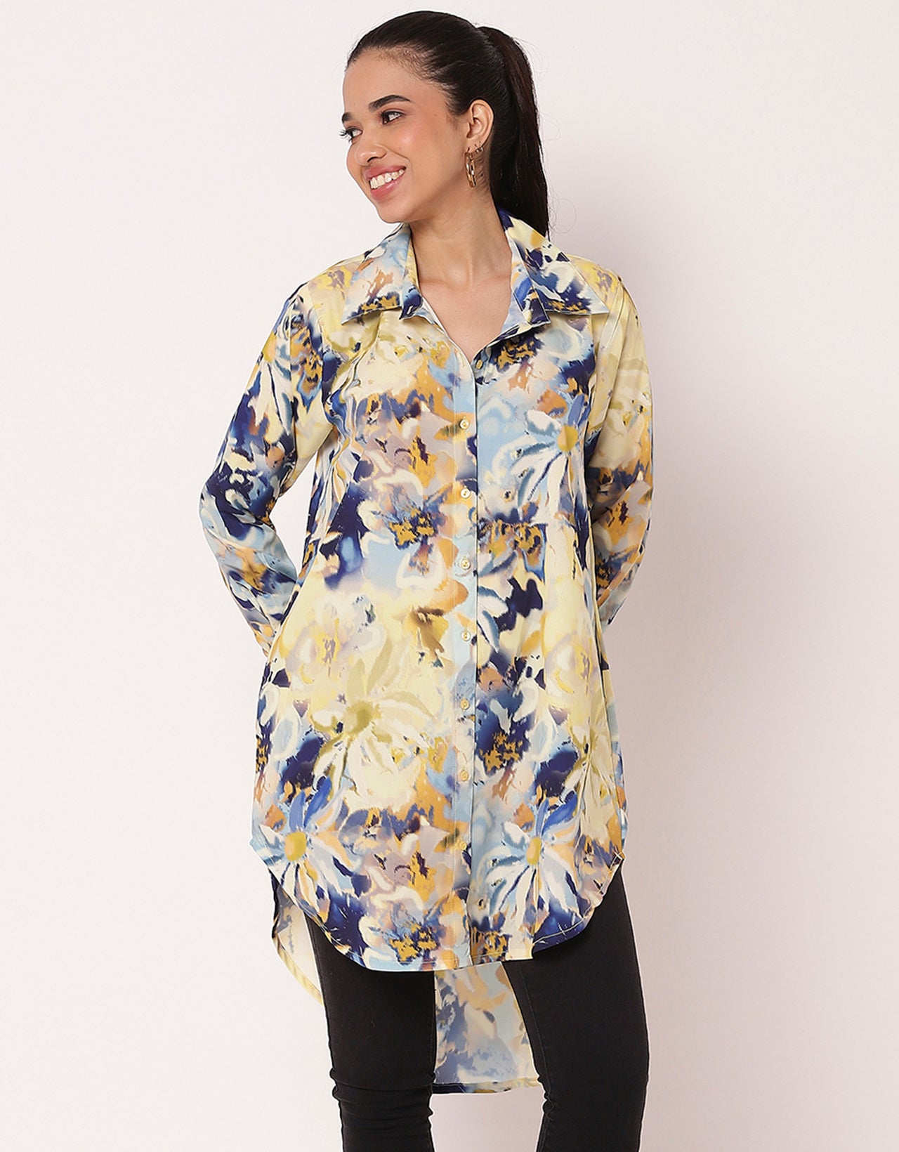 Long Collared Button Down High-Low Hem Shirt Dress