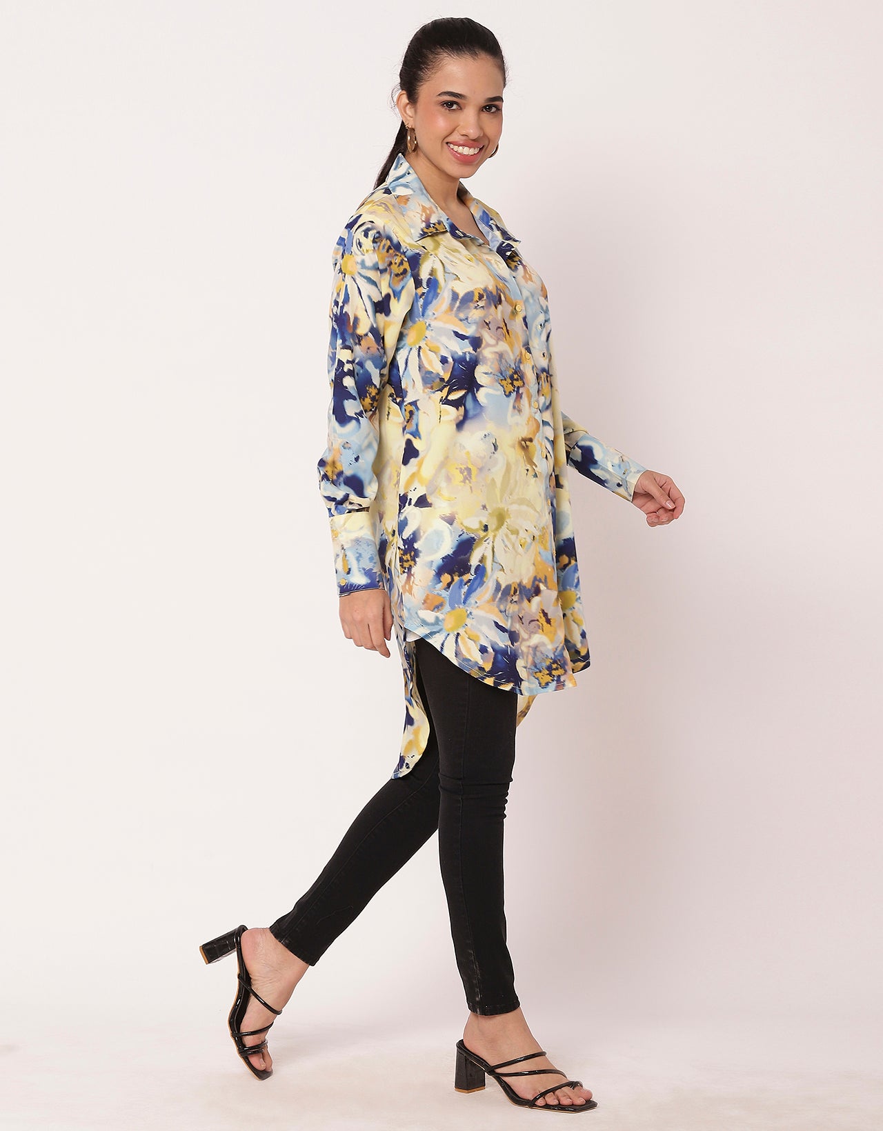 Long Collared Button Down High-Low Hem Shirt Dress