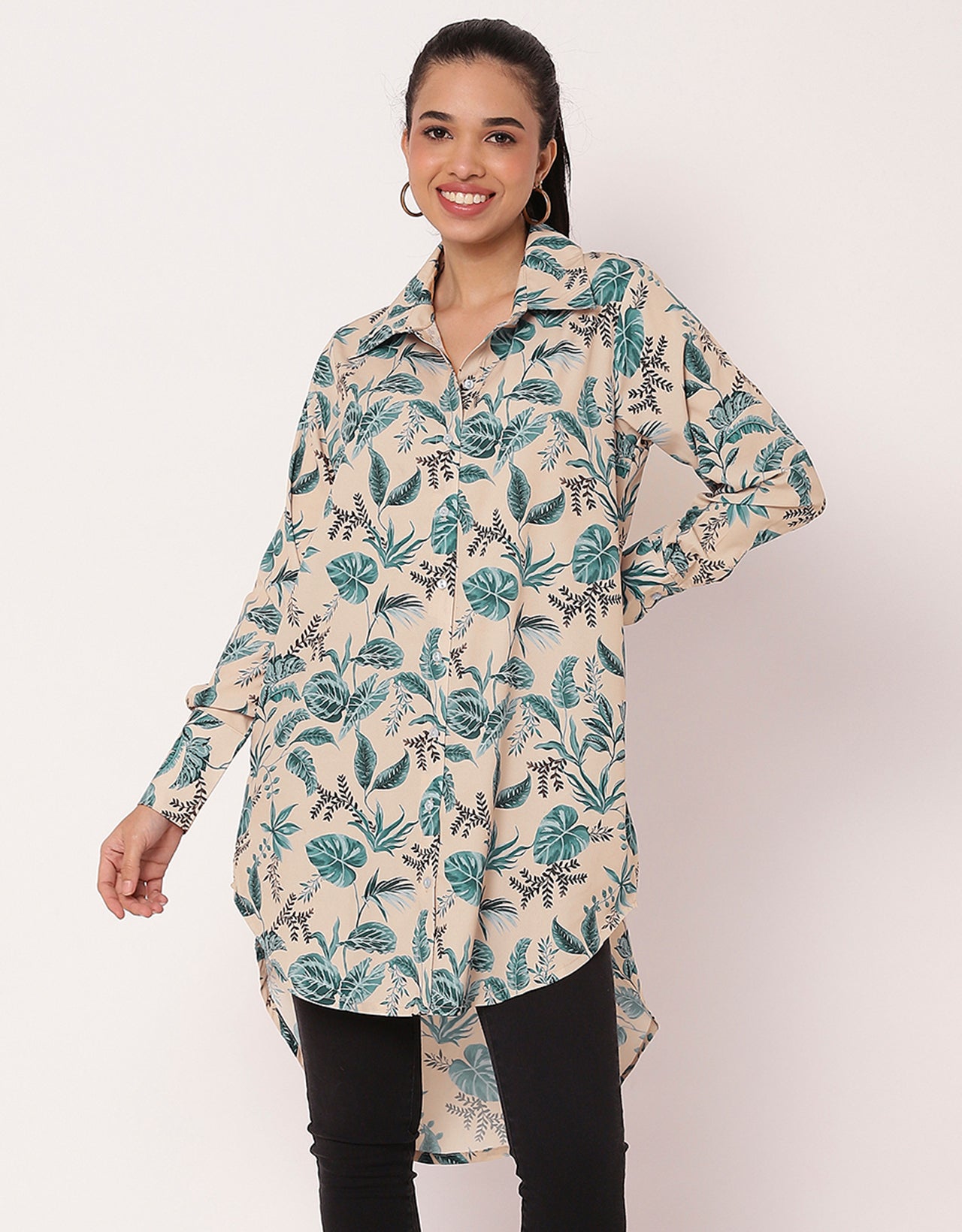 Long Collared Button Down High-Low Hem Shirt Dress