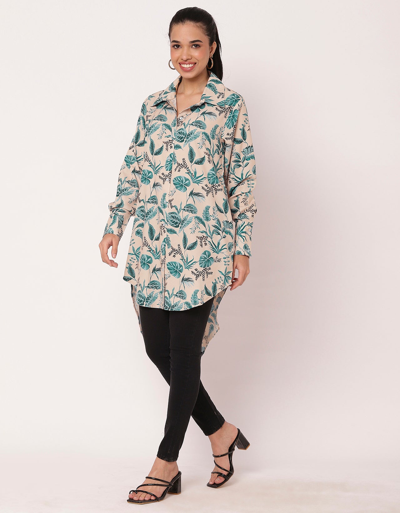 Long Collared Button Down High-Low Hem Shirt Dress