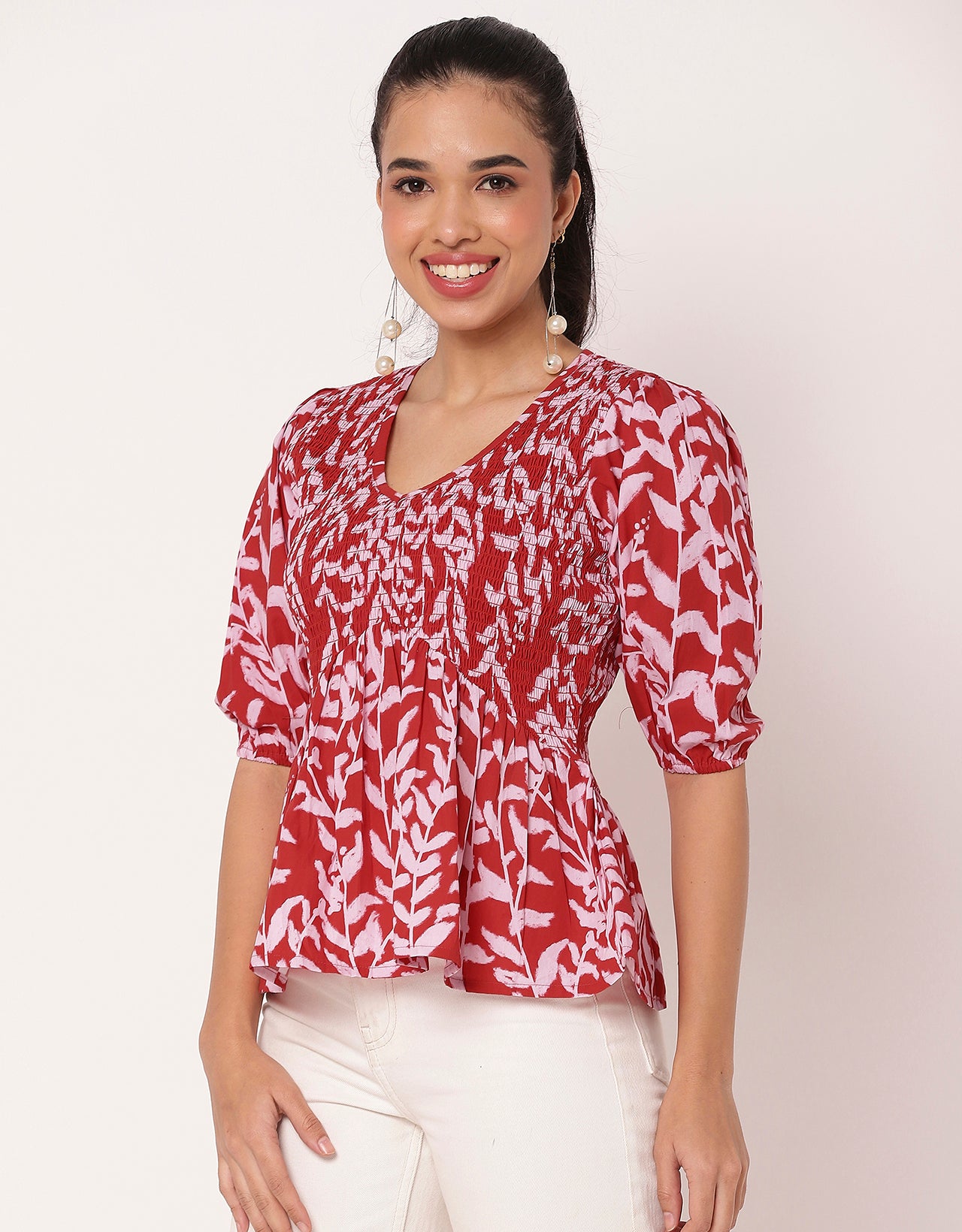 Smocked Elbow Sleeve Top