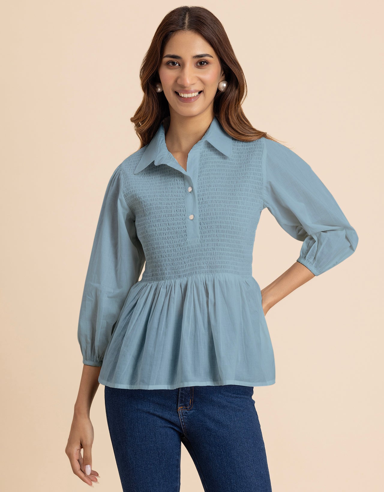 Solid Peplum Style Regular Casual Shirt Top For Women