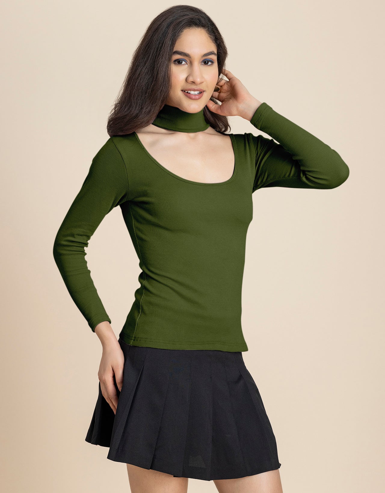 Women Solid Knit Turtle-Neck Casual Top