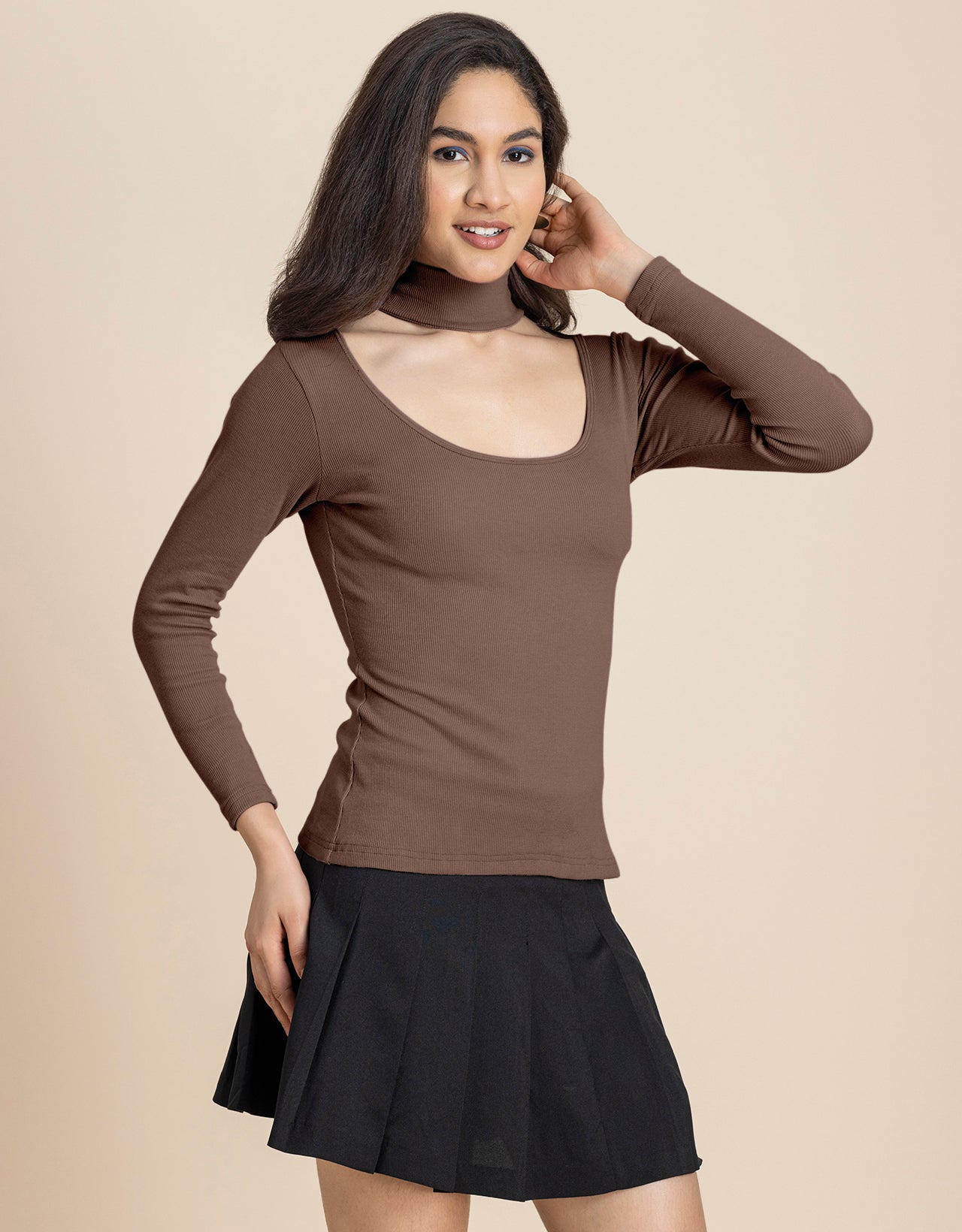 Women Solid Knit Turtle-Neck Casual Top