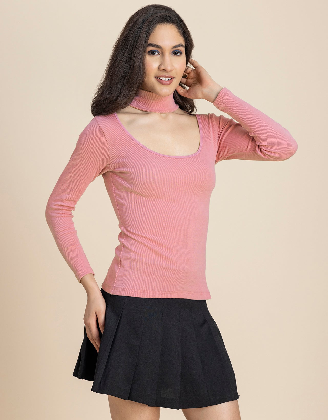 Women Solid Knit Turtle-Neck Casual Top