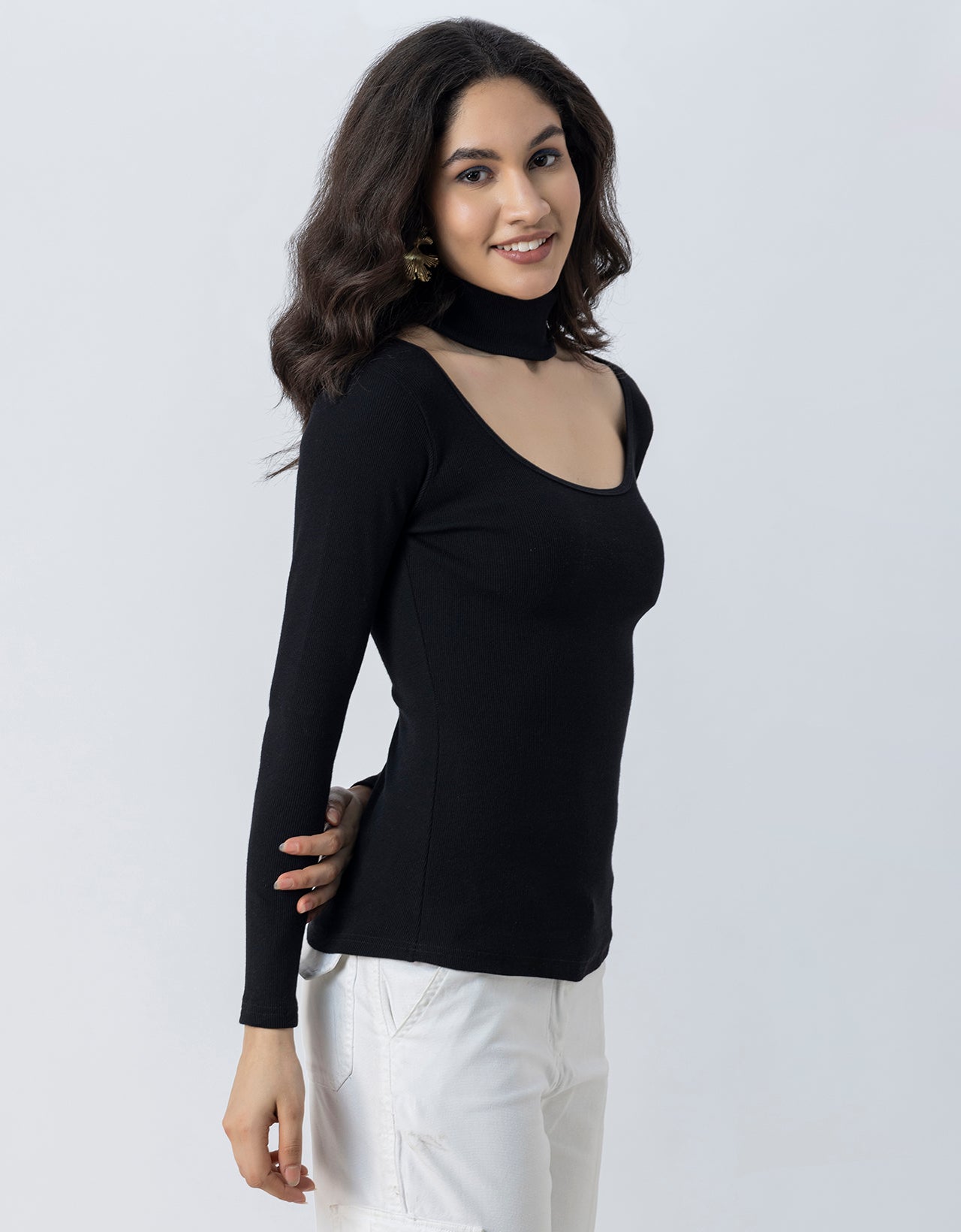 Women Solid Knit Turtle-Neck Casual Top