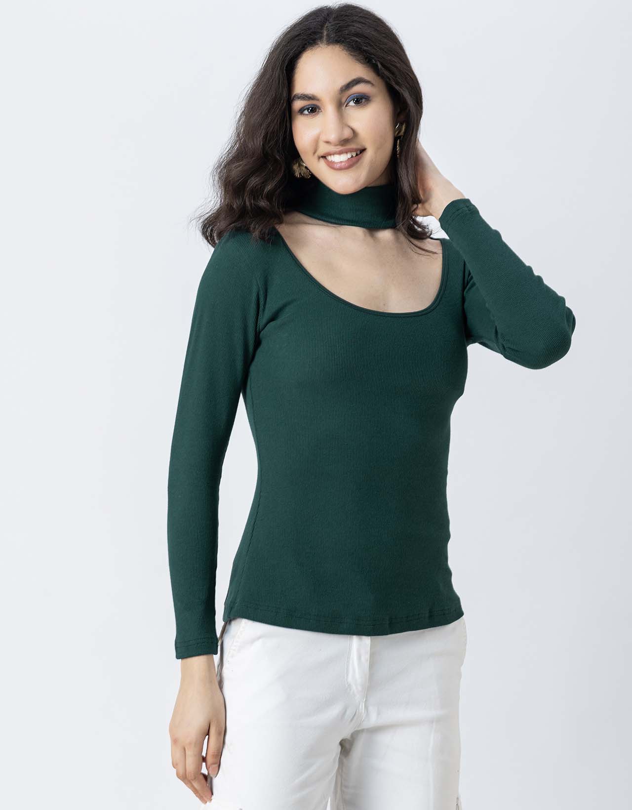 Women Solid Knit Turtle-Neck Casual Top