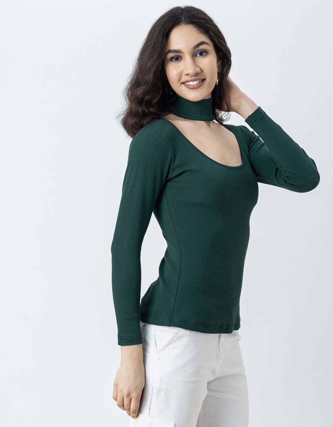 Women Solid Knit Turtle-Neck Casual Top