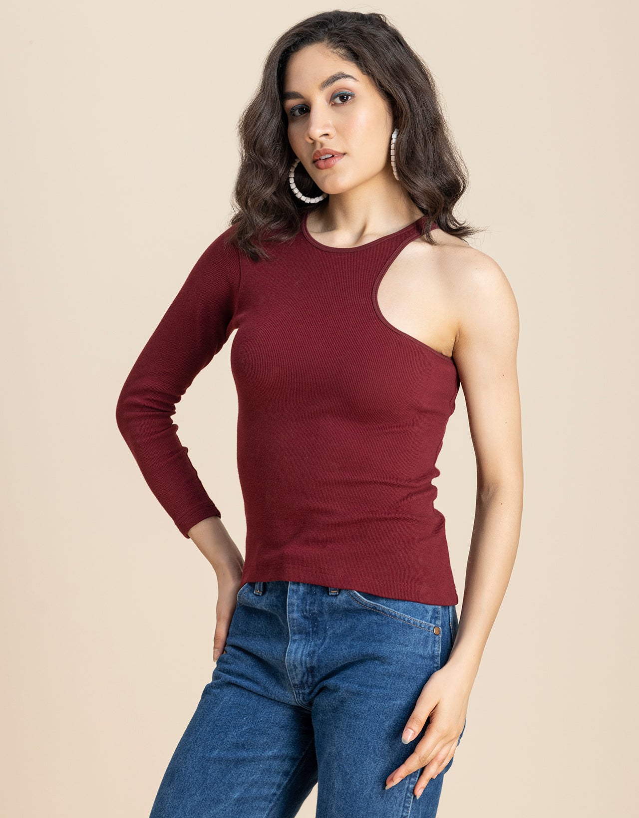 Women Solid One Shoulder Knit Top