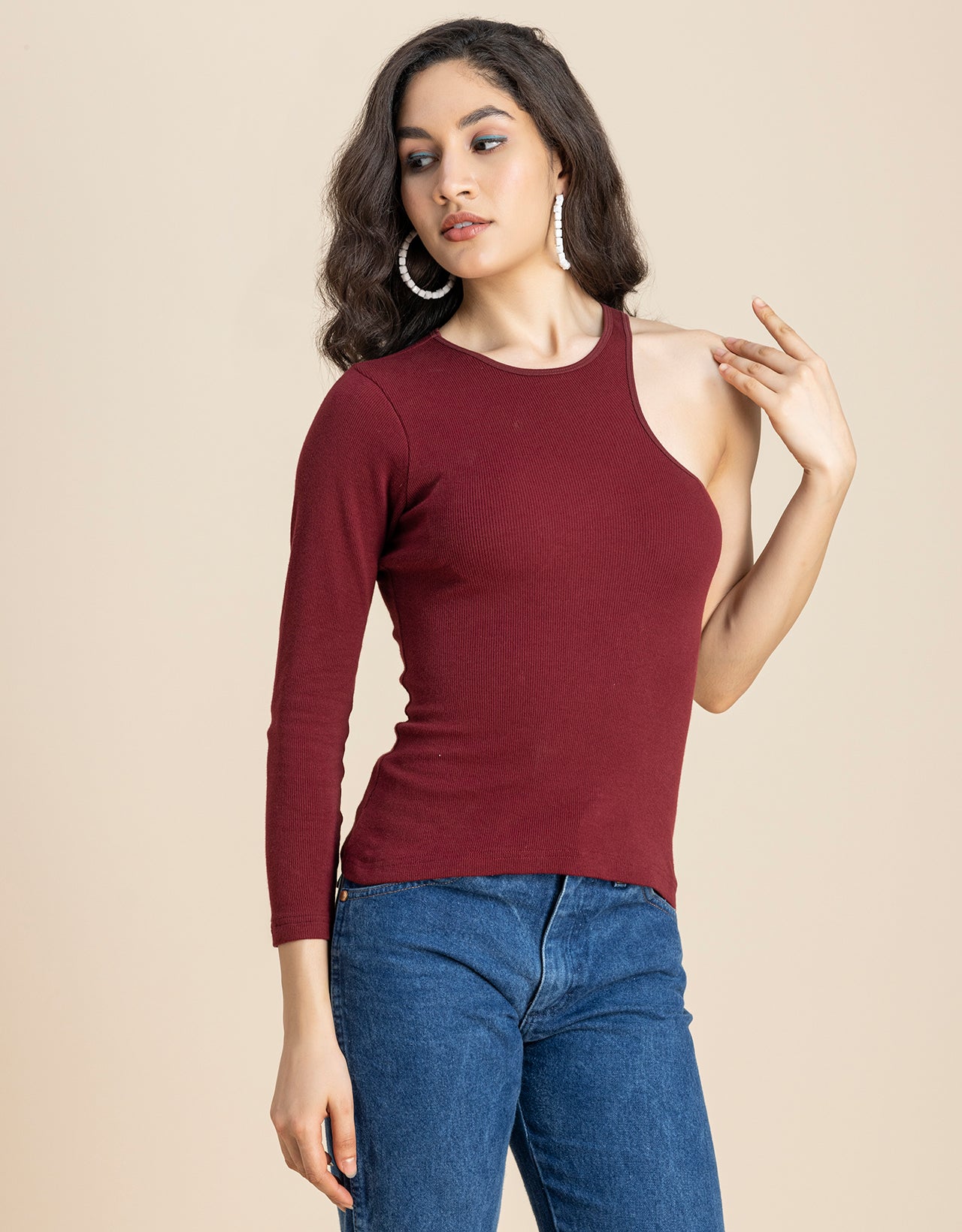 Women Solid One Shoulder Knit Top