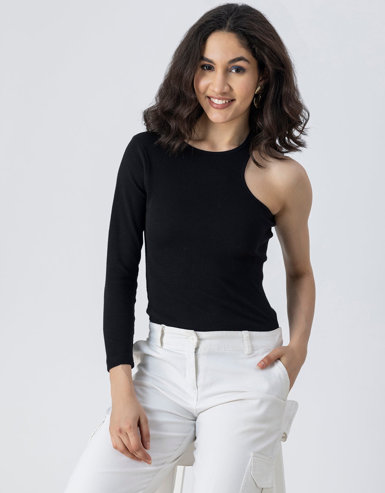Women Solid One Shoulder Knit Top