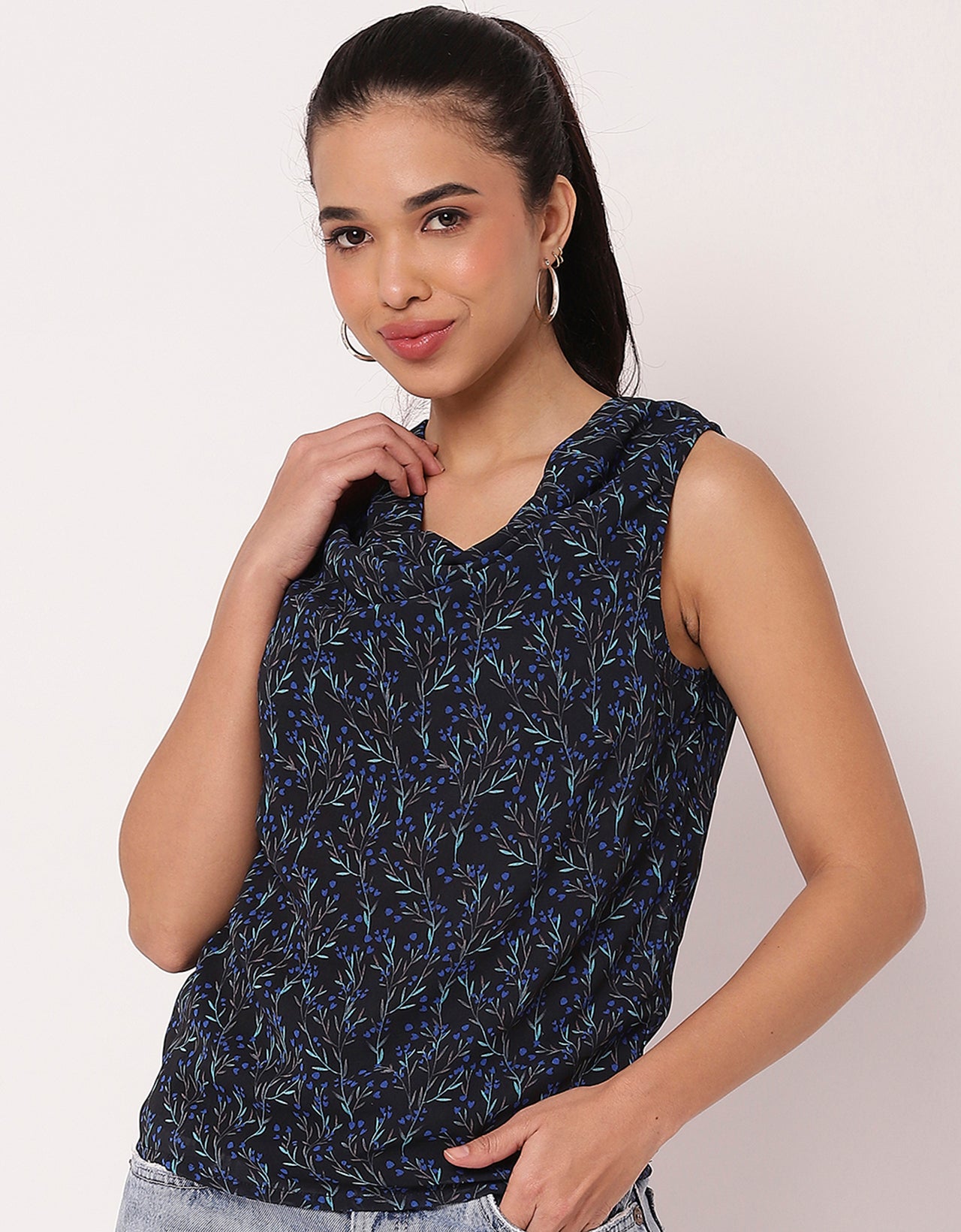 Sleeveless Cowl Neck Printed Women's Elegant Top