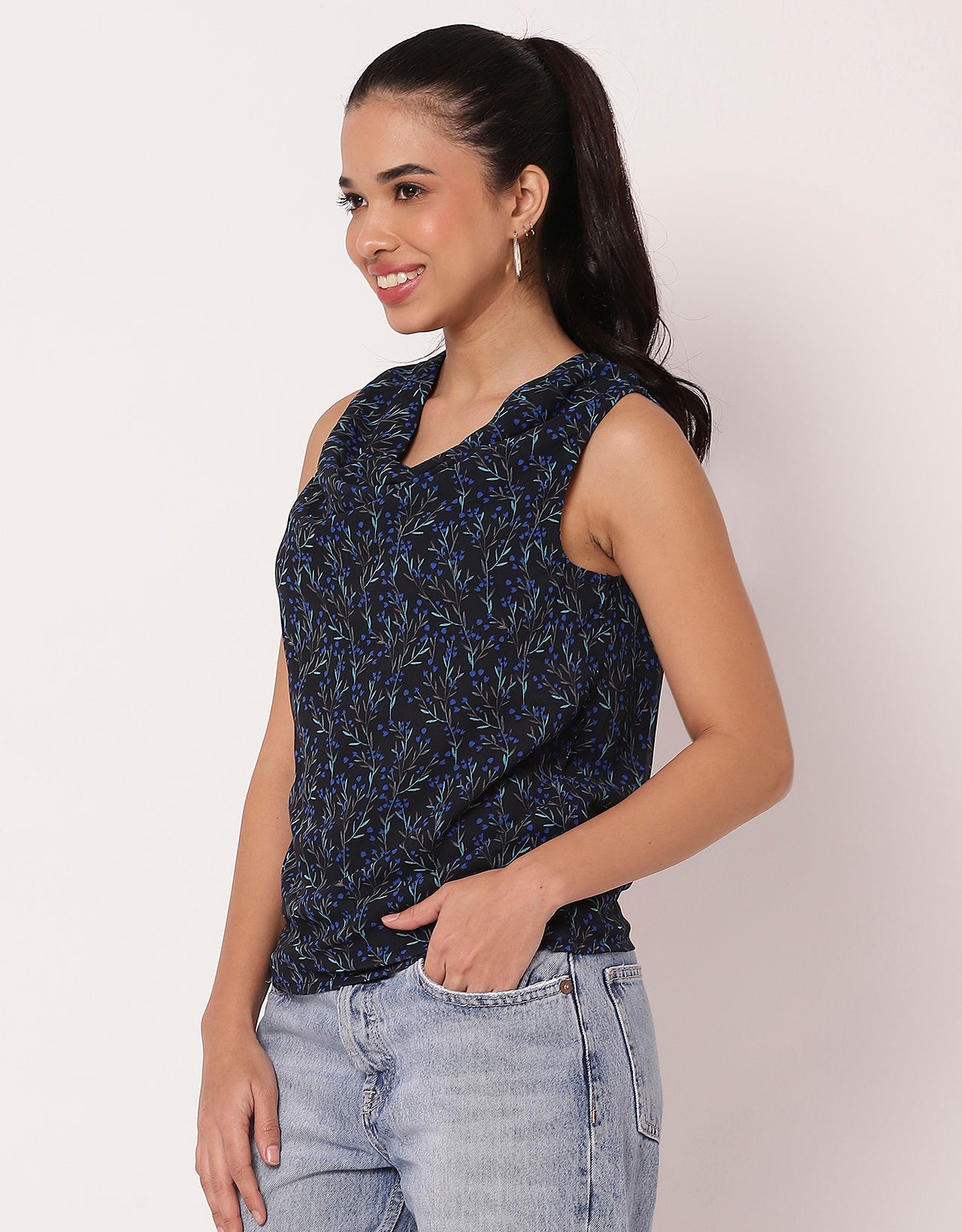 Sleeveless Cowl Neck Printed Women's Elegant Top