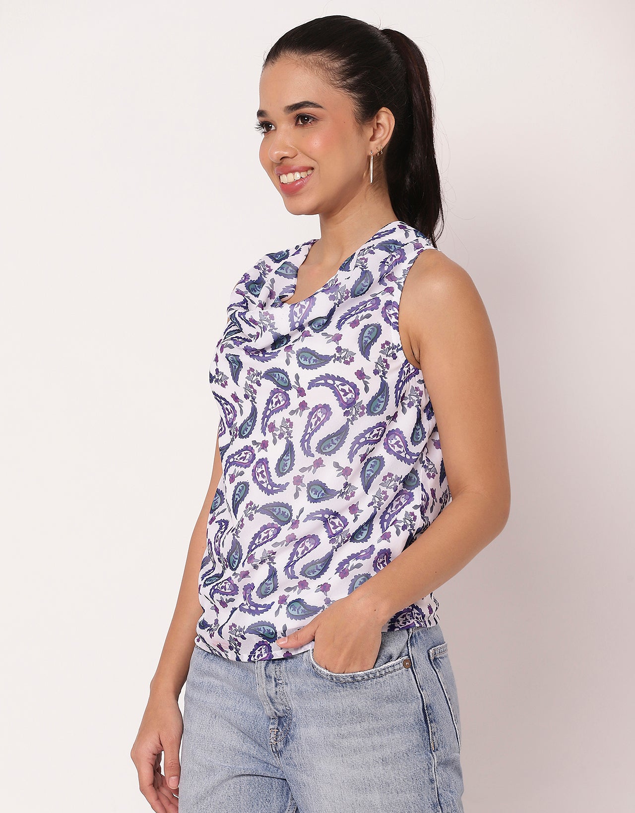 Sleeveless Cowl Neck Printed Women's Elegant Top