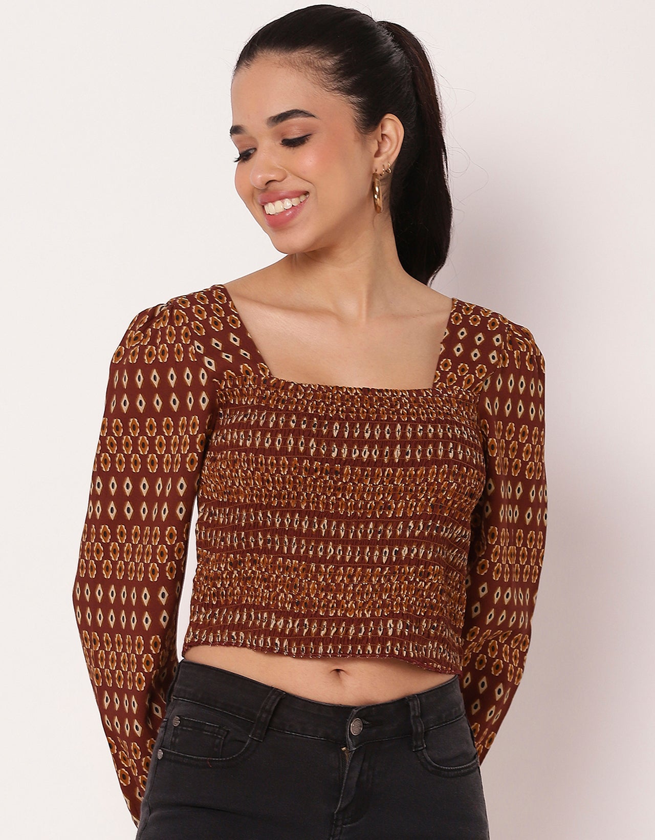 Women's Square Neck Crop Long Sleeves Summer Top