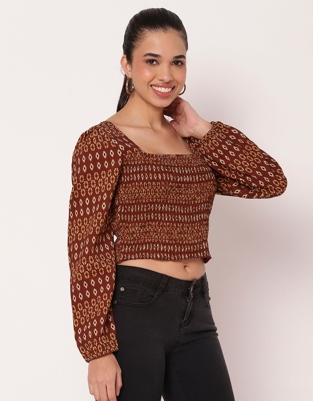 Women's Square Neck Crop Long Sleeves Summer Top