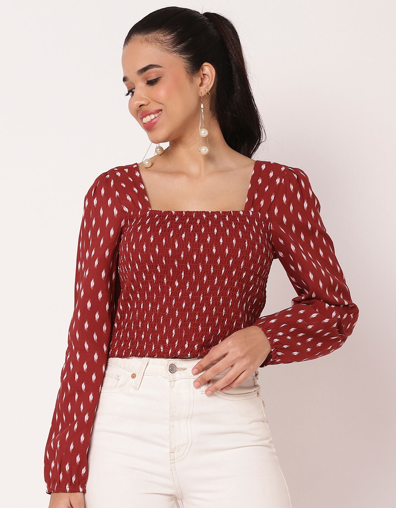 Women's Square Neck Crop Long Sleeves Summer Top