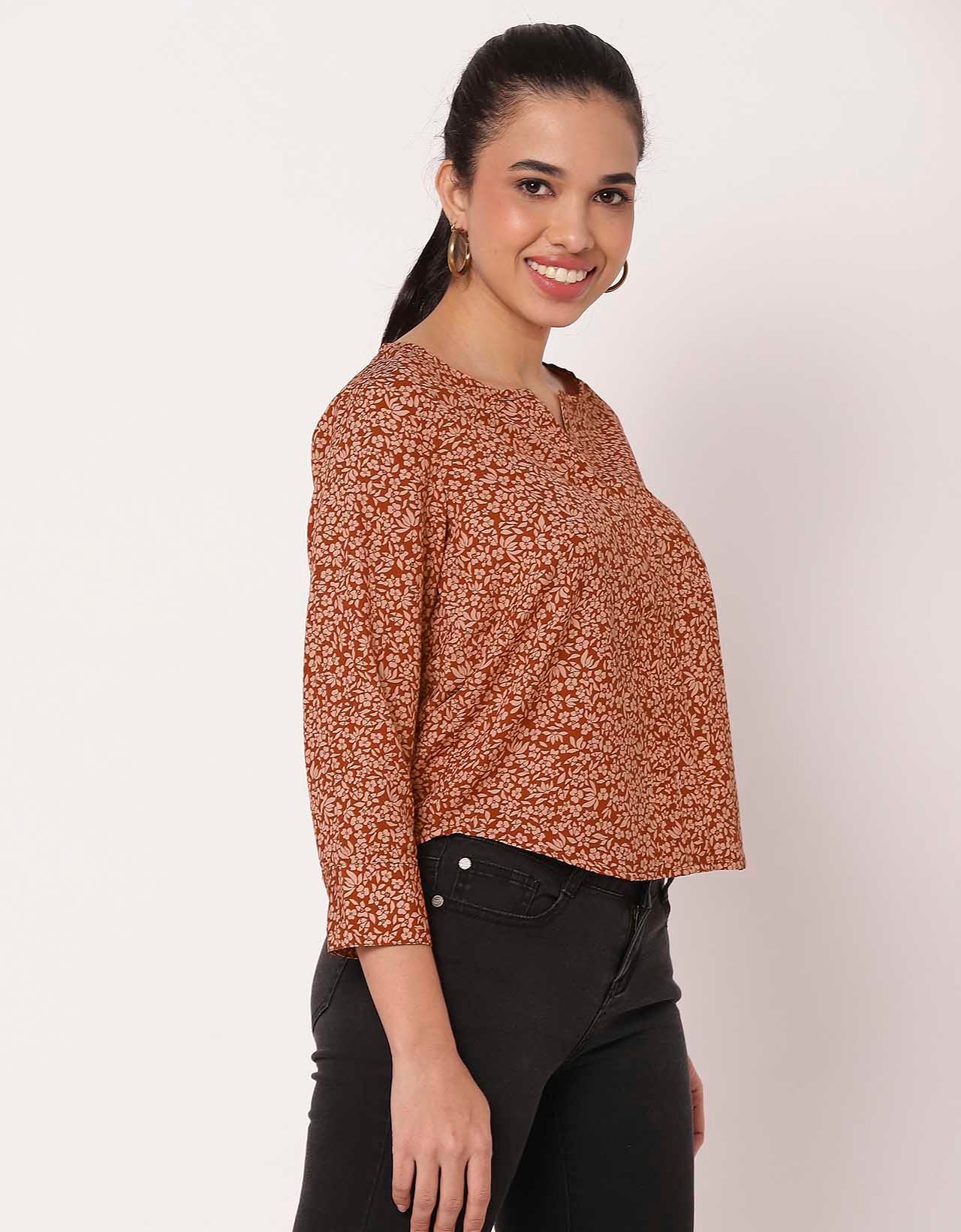 Printed Short V Neck Full Sleeve Top For Women