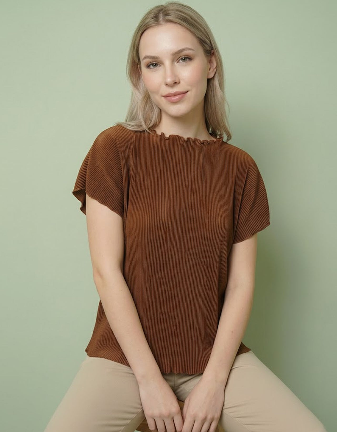 Moomaya Women's Crepe Plisse Top - Pleated Short Sleeve Blouse