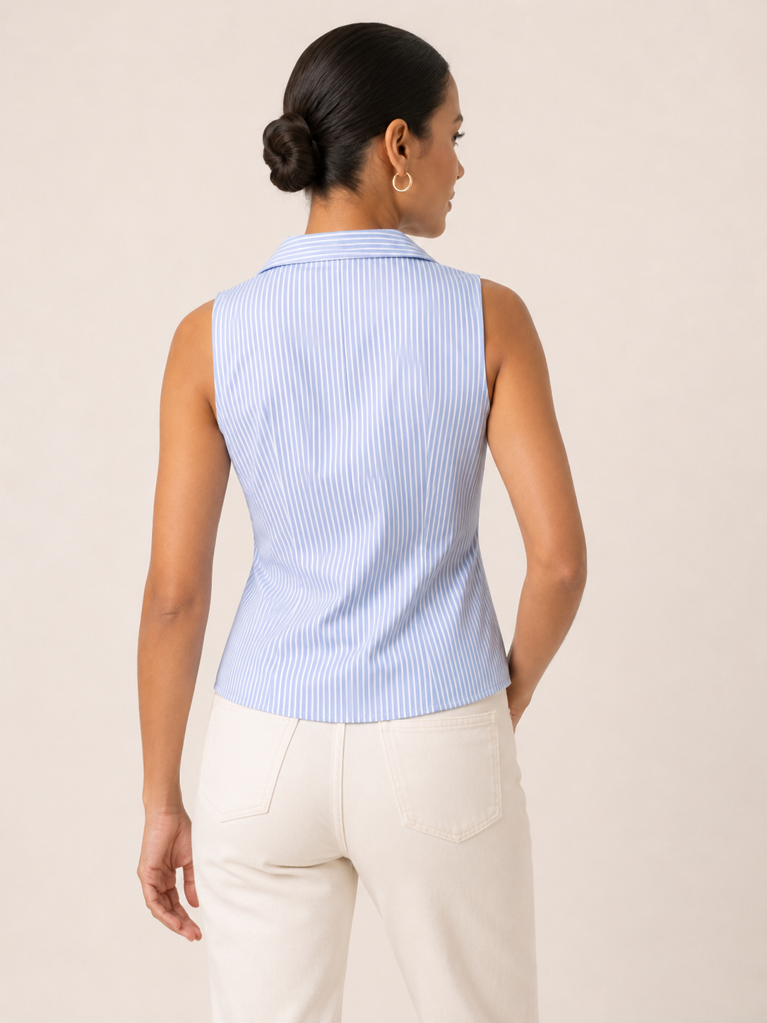 Moomaya Women Cotton Sleeveless Shirt Collar Tie Waist Peplum Summer Blouse