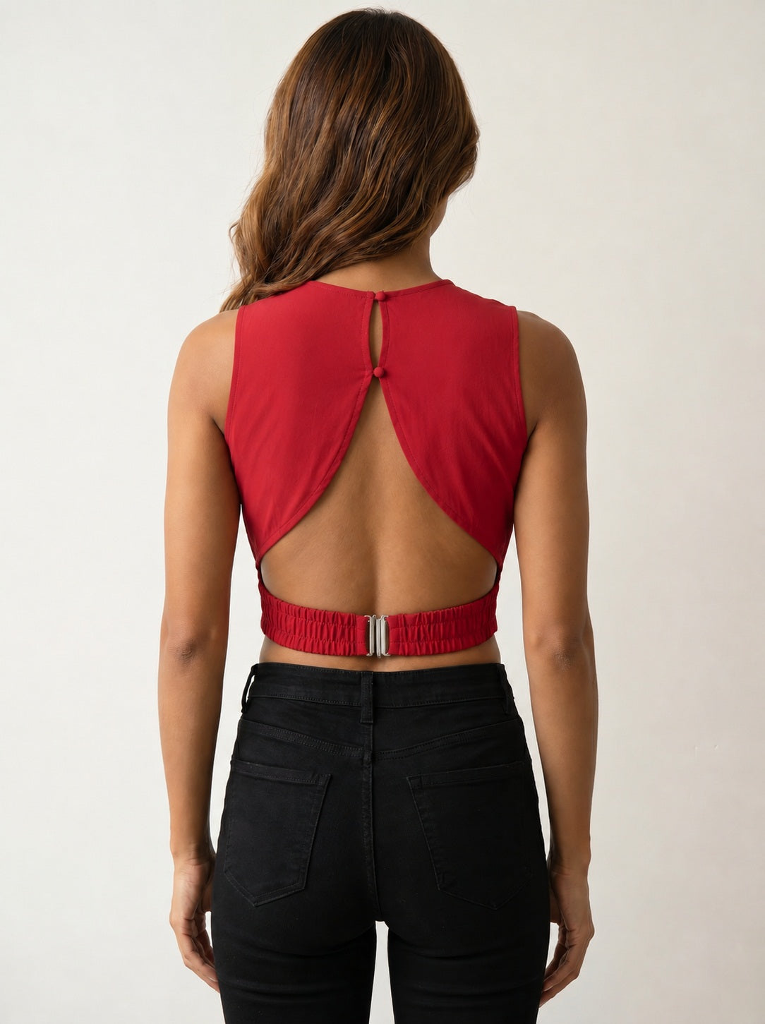 Moomaya Women Sleeveless Open Back Crop Top Buckle Button Party Summer Wear