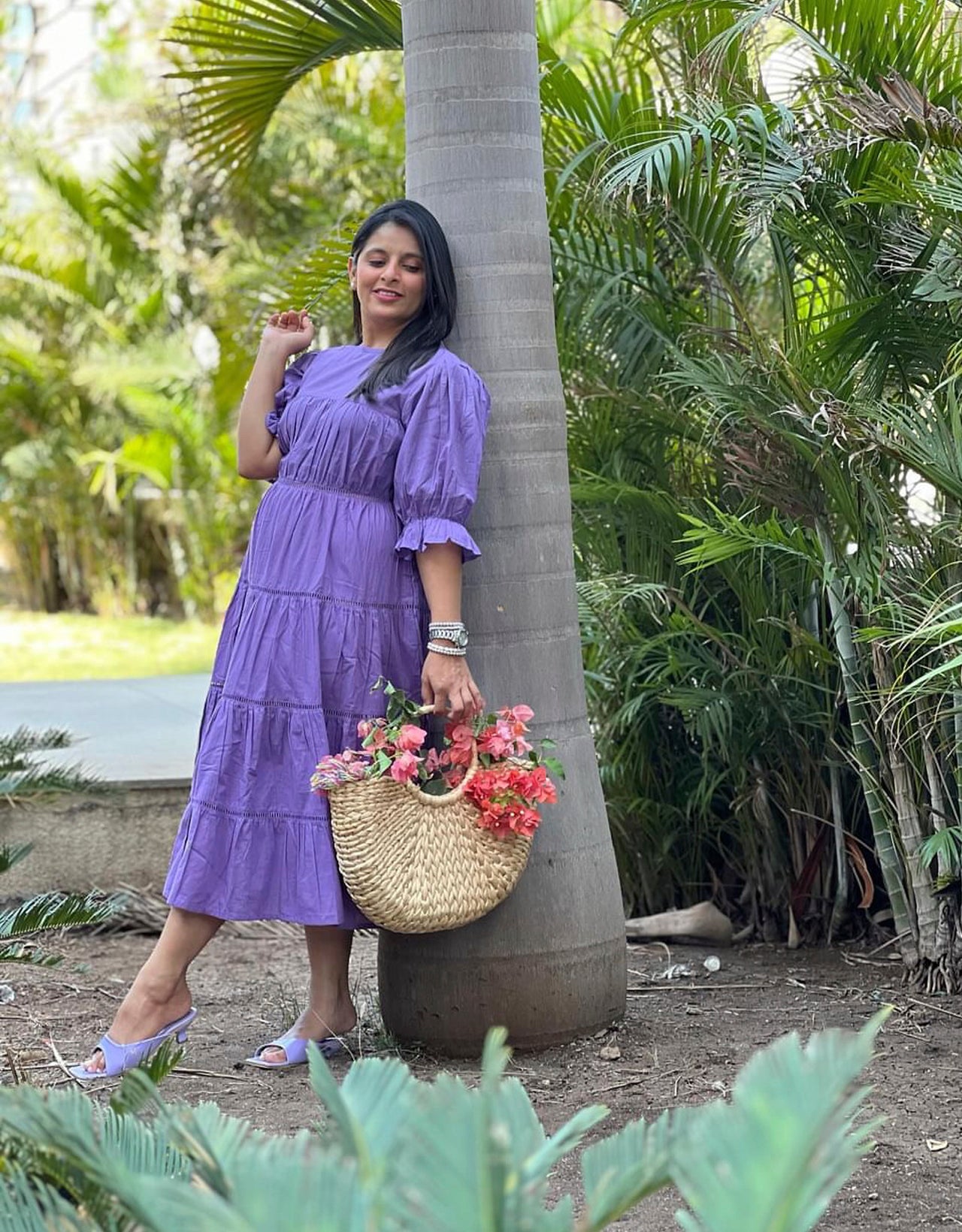 Short Sleeves Round Neck Tiered Cotton Dress