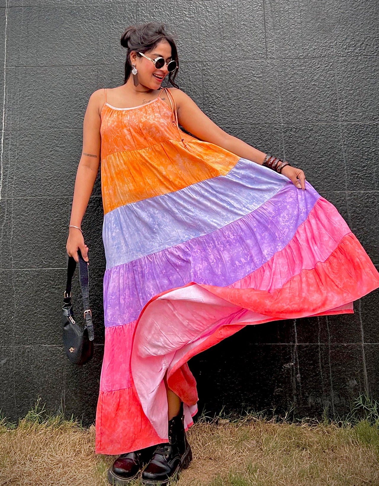 Shoulder Straps Tiered Printed Rayon Dress