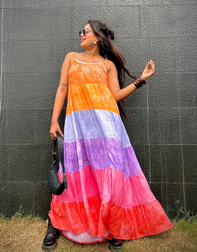 Shoulder Straps Tiered Printed Rayon Dress