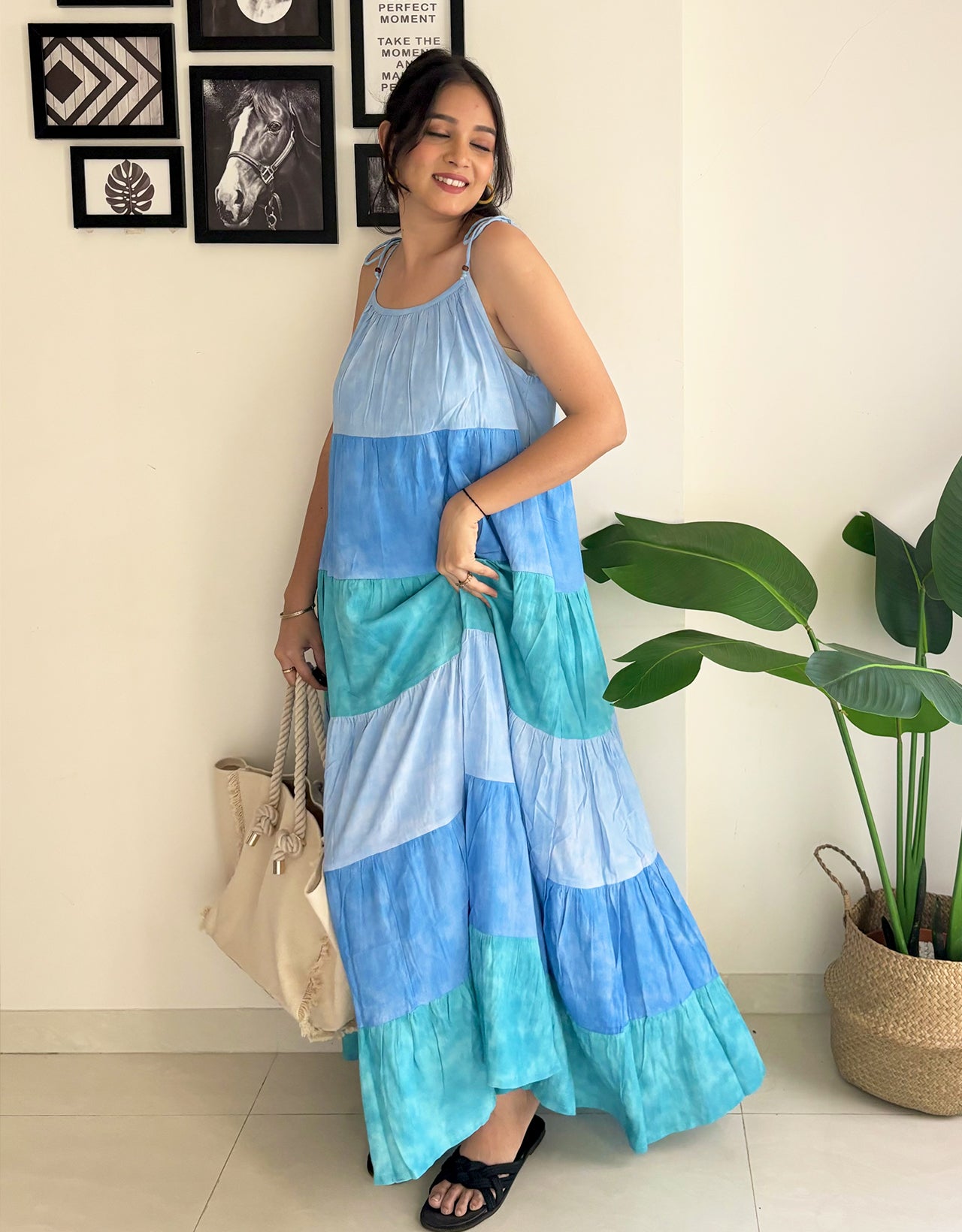 Shoulder Straps Tiered Printed Rayon Dress