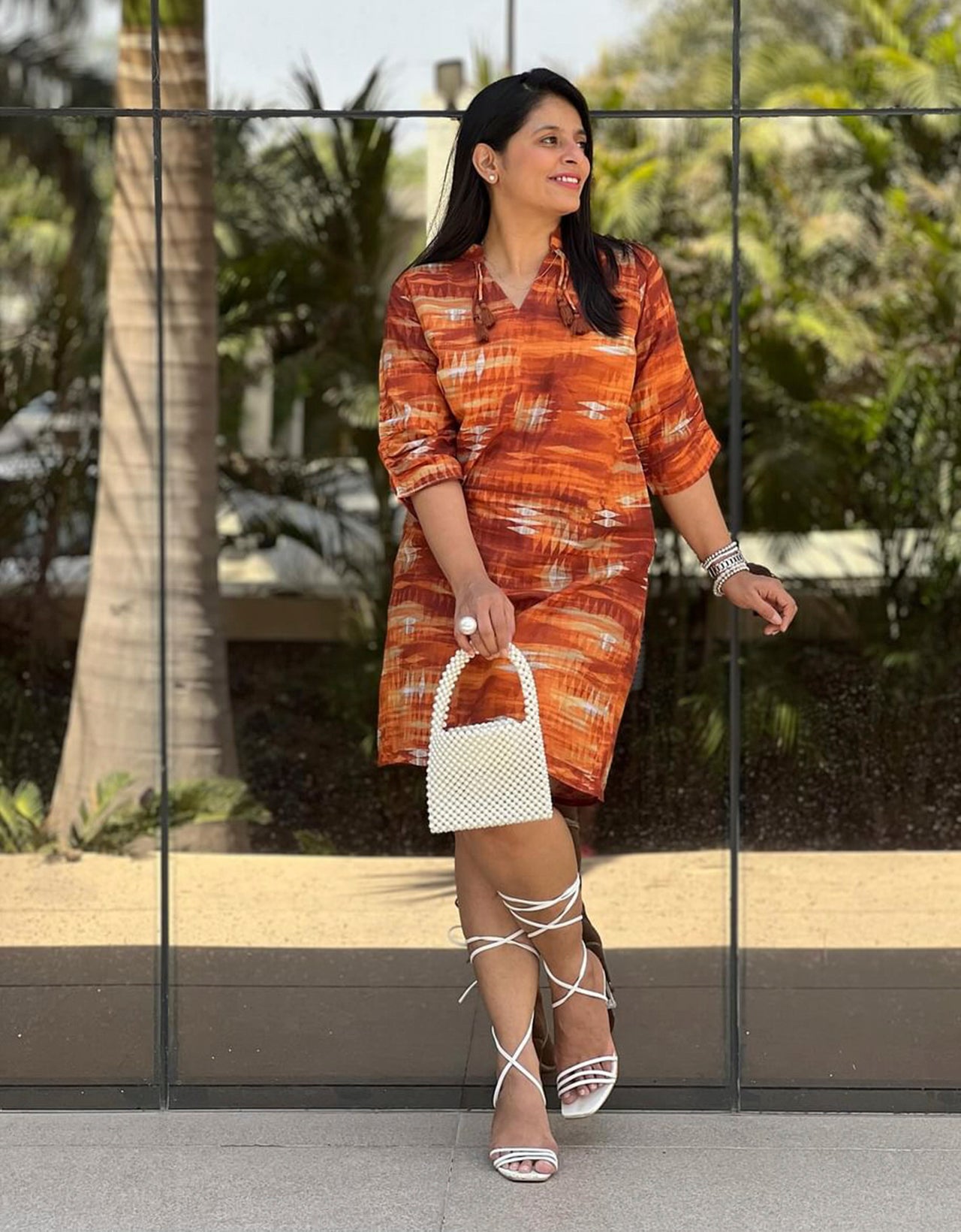 Raglan Sleeves Band Collar Printed Rayon Dress