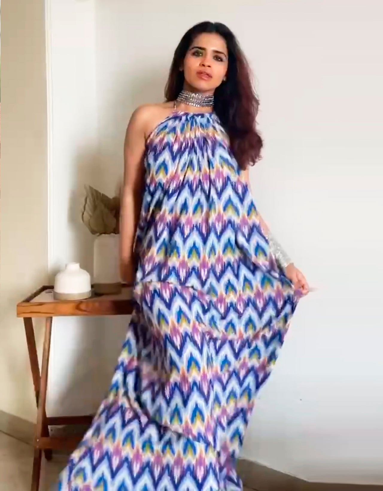 Stylish Sleeveless Ikat Halter Neck A-Line Rayon Dress