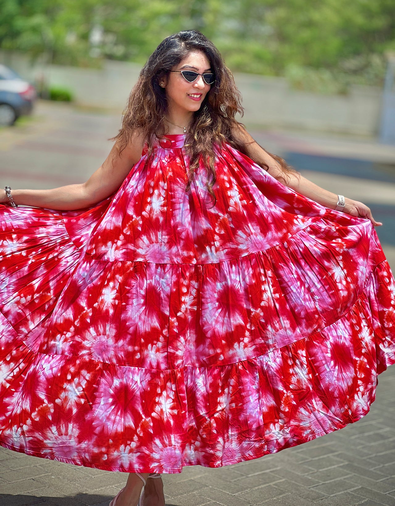 red flared dress, resort wear