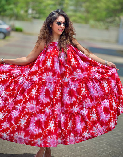red flared dress, resort wear