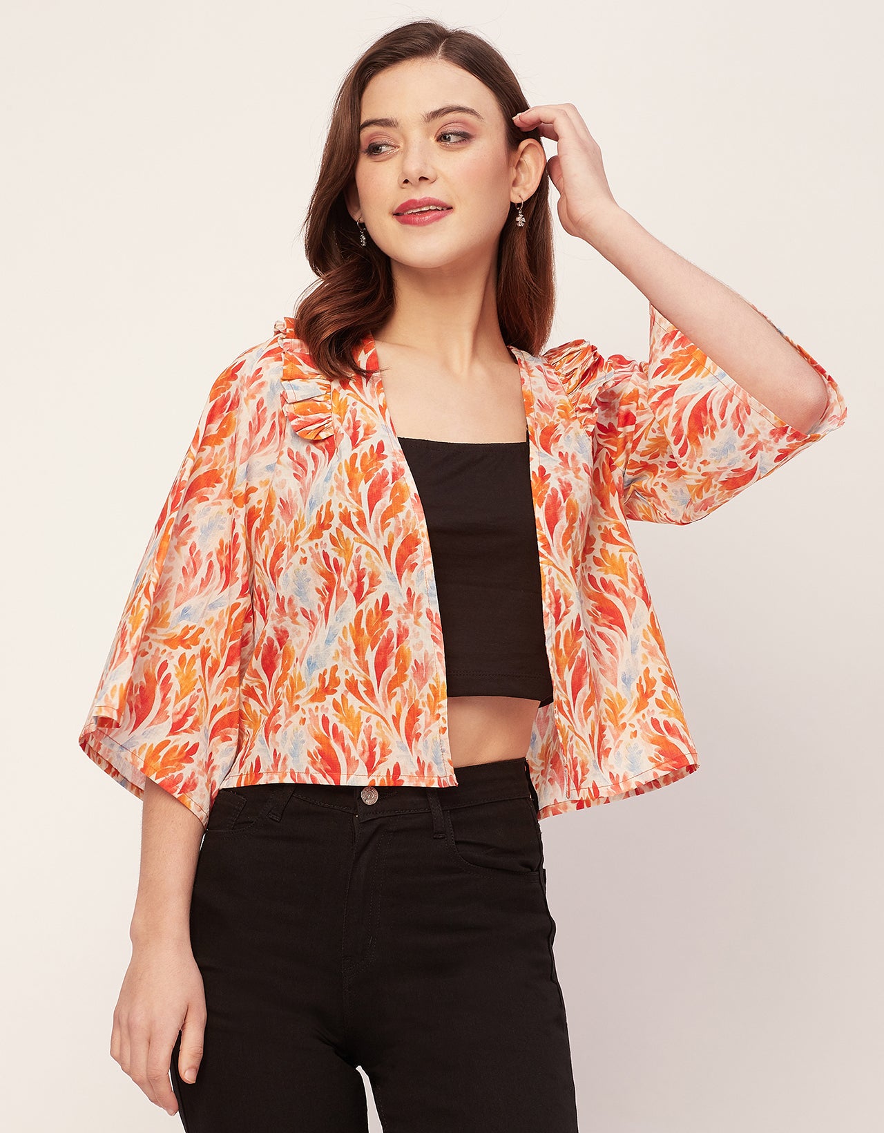 V Neck Straight Printed Cotton Jacket