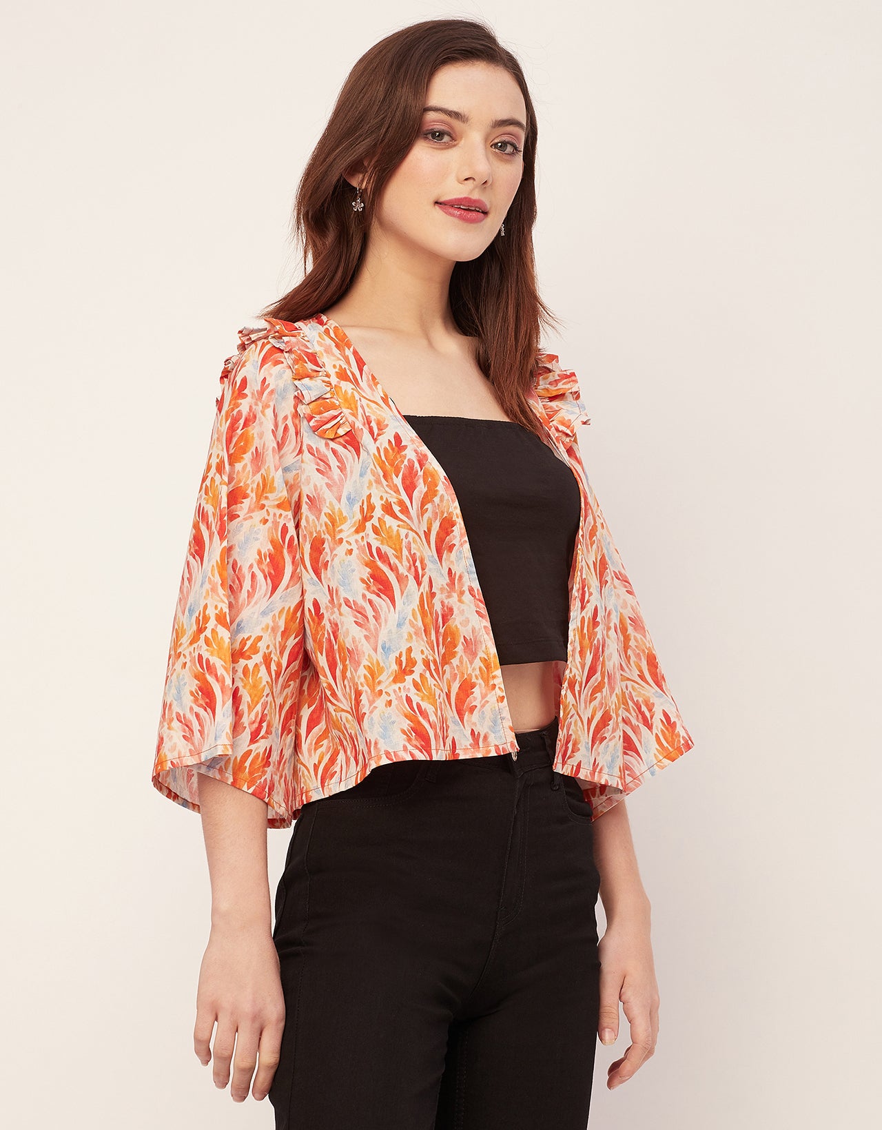 V Neck Straight Printed Cotton Jacket